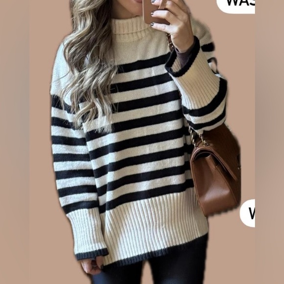 Pink Lily Sweaters - Pink Lily Cream and Black Mock Turtleneck Sweater, Size XL